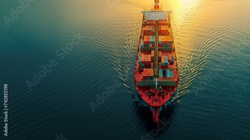 Aerial view of vibrant container cargo ship in blue sea with ample copy space for text placement