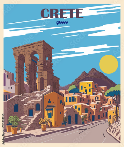 Travel Destination Poster in retro style. Crete, Greece print with ruins of the Knossos Palace and traditional old buildings. European summer vacation, holidays concept. Vintage vector illustration.