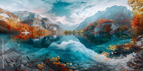 Mysterious mountain lake with turquoise water in the autumn day. Zen lake. Beautiful reflection of mountains and autumn foliage Panoramic view of mountain lake.