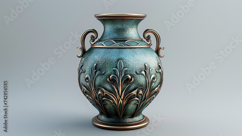Art Nouveau-inspired bronze vase with sinuous lines and verdigris patina on transparent background. 