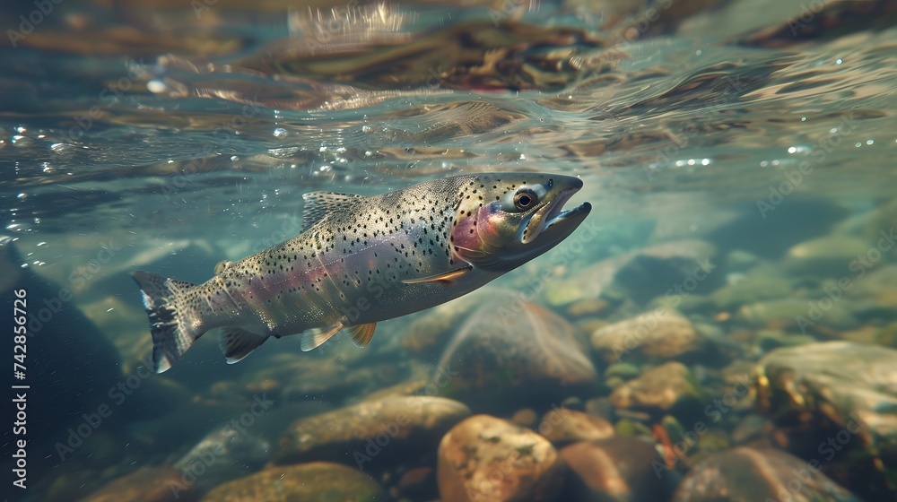 Rainbow trout swims in the water column in a mountain river. Wild fish fishing concept. Rainbow trout swims in the water column in a mountain river. Wild fish fishing concept.