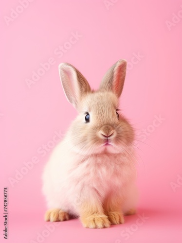 A small rabbit is featured sitting on a vibrant pink background in this artwork. © pham
