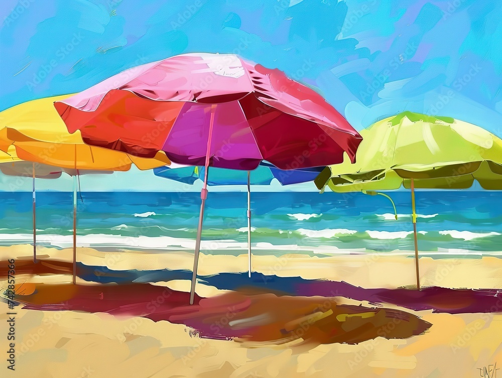 Summer Escape, Beach Umbrellas Painting the Shore in Beautiful Colors