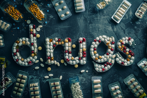 The word "drugs" is laid out of pills on a dark background with packets of pills , top view wirh copyspace 