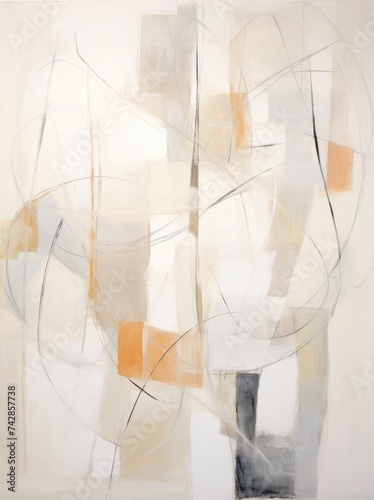 An abstract painting featuring a blend of white and orange colors, creating a visually striking composition with dynamic contrasts and shapes.