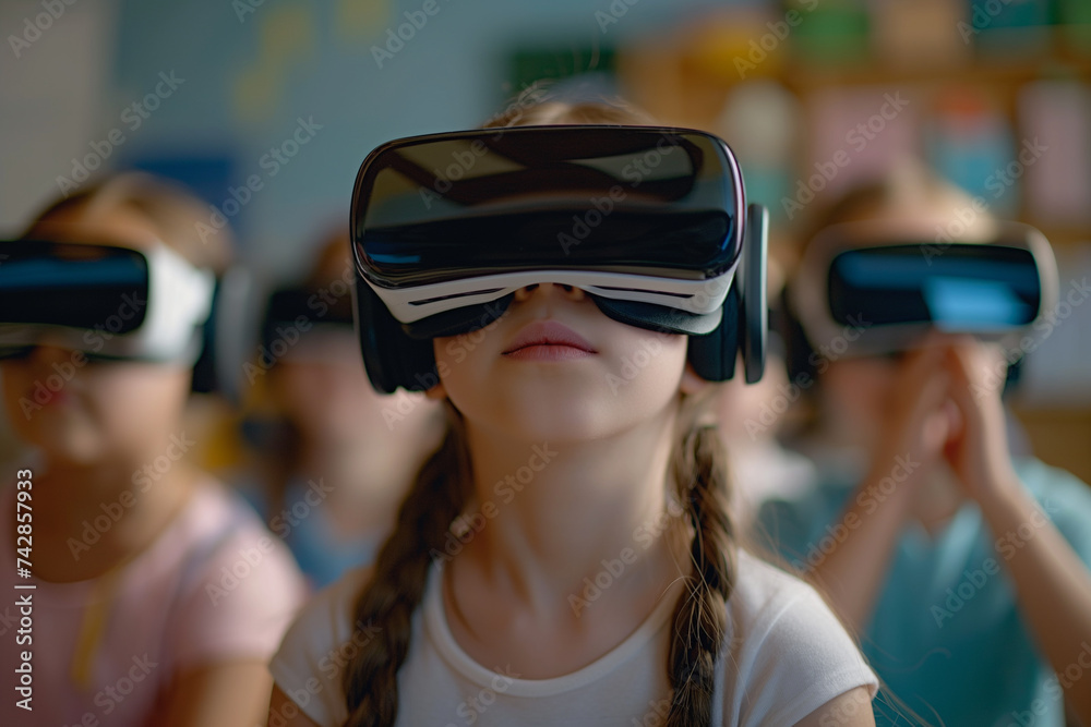 Children in class use VR glasses technology, in the concept of advancement in educational technology. Children in class use VR glasses technology, in the concept of advancement in educational technology.