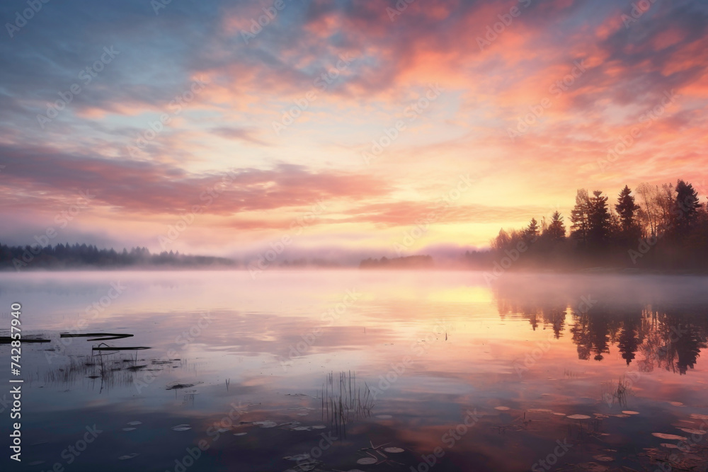A picturesque Easter sunrise over a misty lake, with pastel-colored clouds reflecting in the calm waters below. - obrazy, fototapety, plakaty 