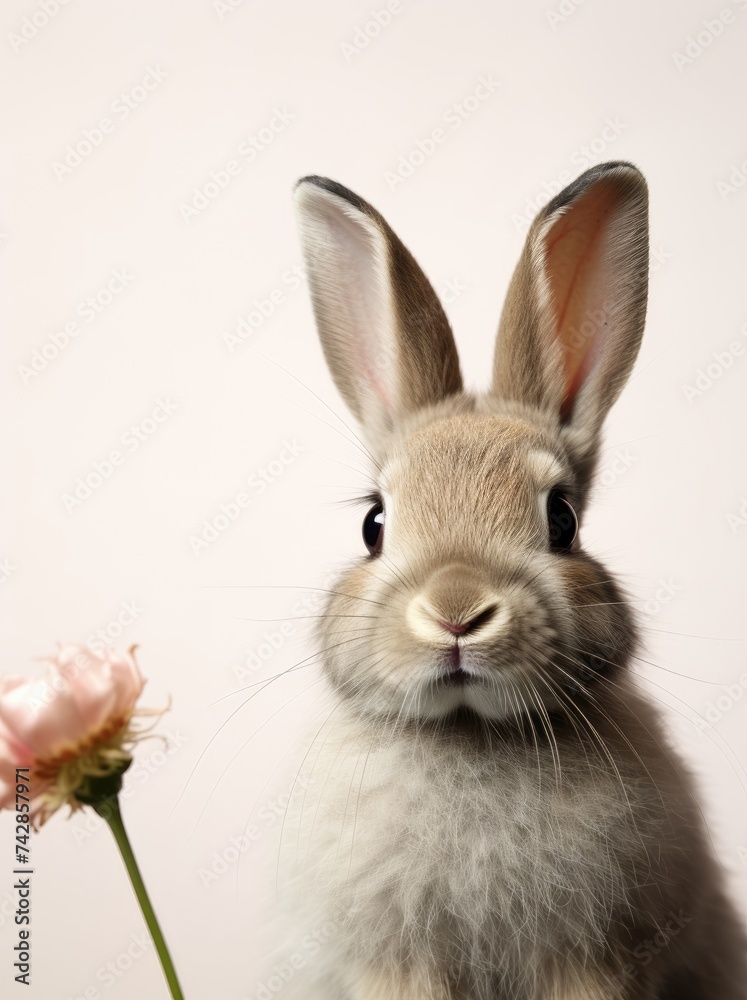A small rabbit is seated next to a vibrant pink flower in a close-up shot, showcasing the adorable interaction between the animal and nature.
