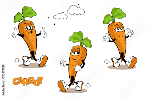 cartoon funny and cute carrot characters collection, in rubber hose style . set of different emotions.