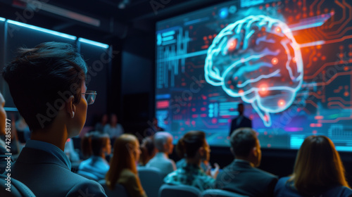 Professional attending a tech conference with a digital brain display.