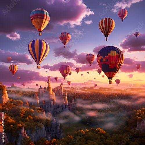 A cluster of hot air balloons rising at dawn.