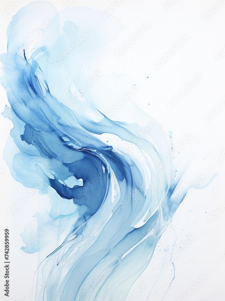 A painting featuring abstract patterns in blue and white paint. The colors blend and contrast to create a dynamic visual composition.