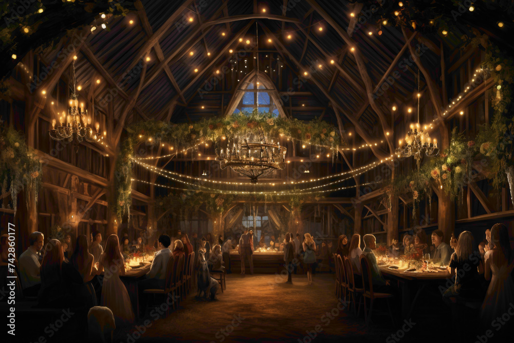 A rustic Easter barn dance, with lively music, twirling dancers, and strings of twinkling fairy lights overhead.