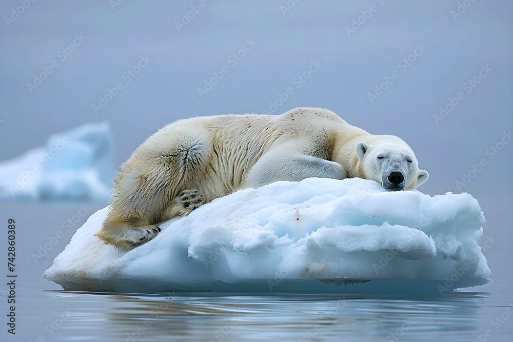 A lone polar bear naps on a dwindling iceberg, highlighting the stark reality of habitat loss in the Arctic. A lone polar bear naps on a dwindling iceberg, highlighting the stark reality of habitat loss in the Arctic.