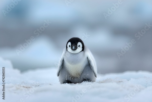 An adorable emperor penguin chick stands alone on the vast icy landscape, exuding curiosity and vulnerability.