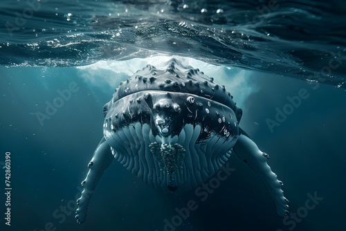 Close-up view of a humpback whale s head underwater  highlighting its majestic features and peaceful demeanor.