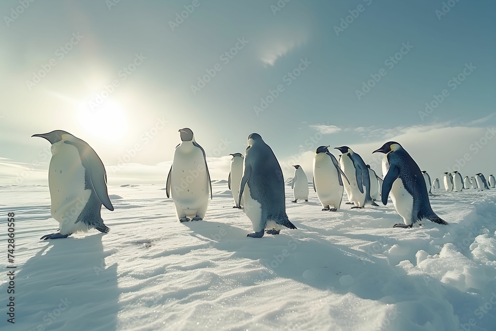 A bustling colony of emperor penguins tends to their fluffy chicks in the vast, icy expanse of the Antarctic landscape.