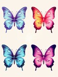 Four vibrant butterflies, each of a unique color, are displayed against a clean white backdrop in this printable wall art.