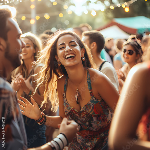 A group of friends dancing at an outdoor music festival
