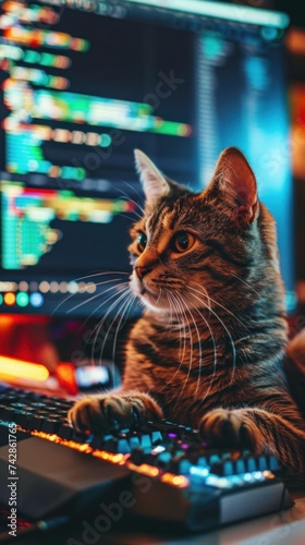 Content cat as a software developer coding on a computer in a tech startup