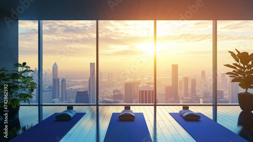 Yoga mats in a room with a panoramic view of a cityscape through large windows during sunrise. Ai generate