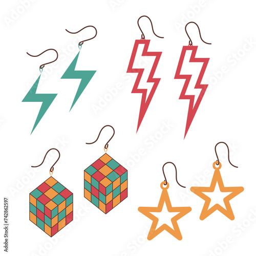 A set of earrings in the style of the 90s. Vector illustration on a white background.