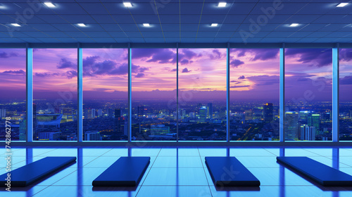 A yoga classroom with mats on the floor  featuring a panoramic view of a city skyline through large windows at sunset. Ai generate