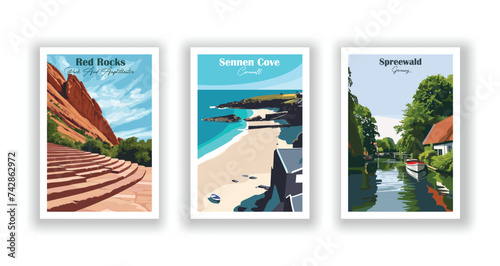 Red Rocks, Park And Amphitheatre. Sennen Cove, Cornwall. Spreewald, Germany - Vintage travel poster. Vector illustration. High quality prints