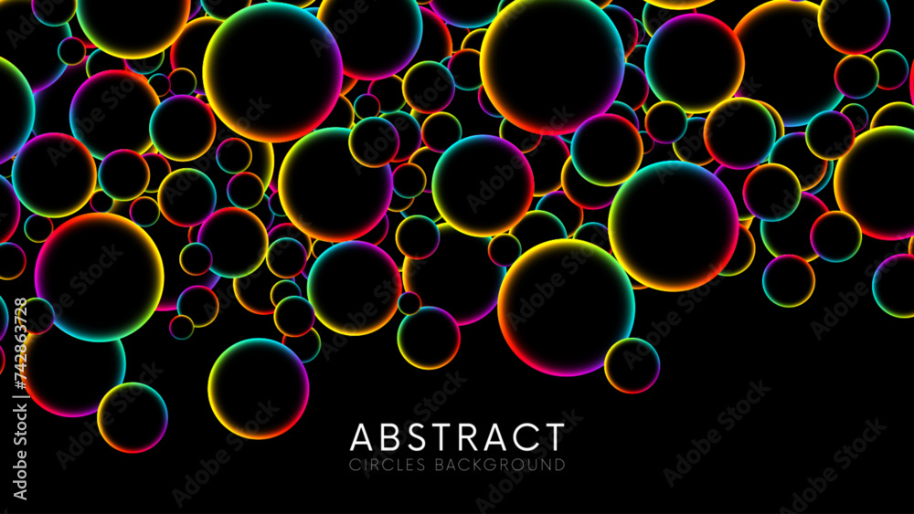 Luminous floating balls shine with rainbow colors on black background. Colorful rainbow random flying glowing circles, spheres or bubbles. Fluorescent circle particles dynamic flow. Vector background Luminous floating balls shine with rainbow colors on black background. Colorful rainbow random flying glowing circles, spheres or bubbles. Fluorescent circle particles dynamic flow. Vector background