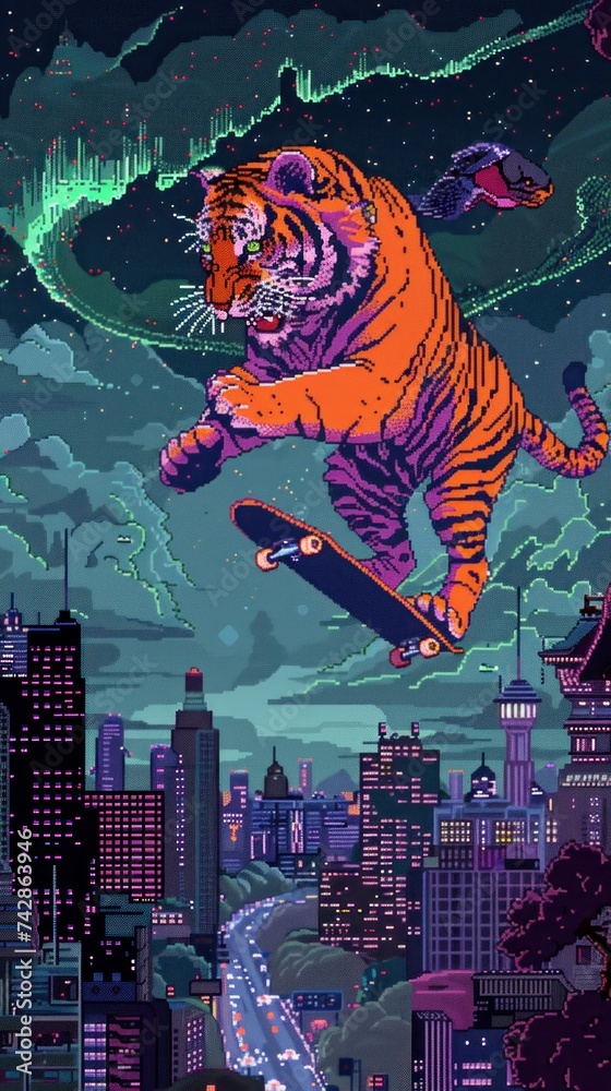Skateboarding Bengal tiger in a neo Dada city mirror world reflections of pixel art gyoza and auroras