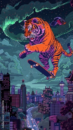 Skateboarding Bengal tiger in a neo Dada city mirror world reflections of pixel art gyoza and auroras photo