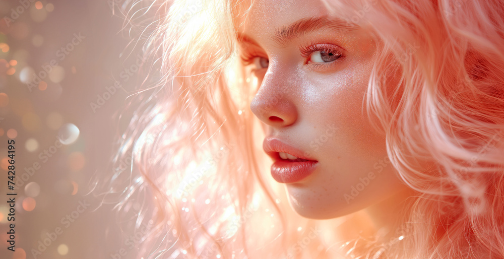 A Delicate Drapery of Colors Softly Blending into Morning Light, Peach Fuzz Tenderness, Woman Face