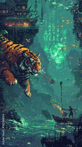 Spearfishing in a steampunk ocean Bengal tigers swim in pixel art form neo Dada auroras illuminate the scene photo