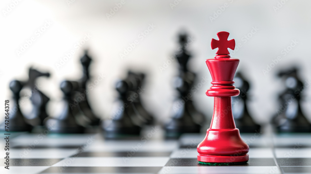 A red king chess piece stands out on a chessboard with blurred black chess pieces in the background. Ai generative A red king chess piece stands out on a chessboard with blurred black chess pieces in the background. Ai generative
