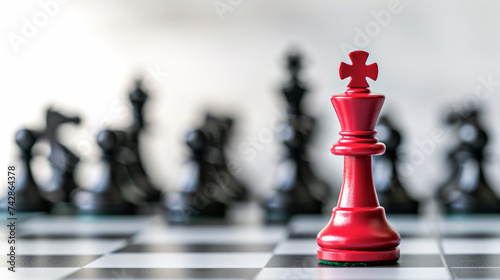 A red king chess piece stands out on a chessboard with blurred black chess pieces in the background. Ai generative photo