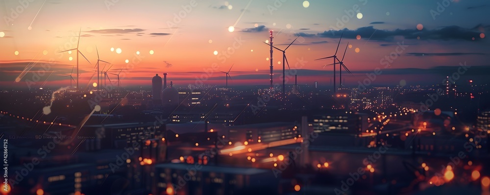 Energy-Charged Cityscape with Wind Turbines at Sunset, Green Energy and Sustainable energy concept, 