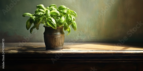Green herb plant flower vegetable in pot vase. Basil decorative mock up scene vintage colors view