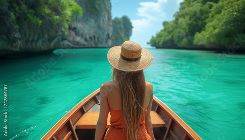 Young woman sitting in the front of a longtail boat going to Phi Phi Leh Island, Travel,vacation,holiday concept photo