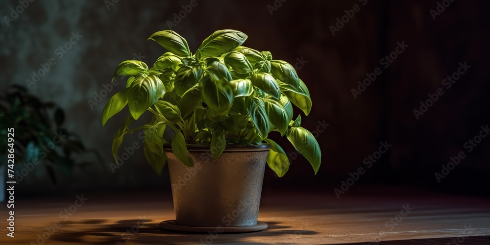 Green herb plant flower vegetable in pot vase. Basil decorative mock up scene vintage colors view Green herb plant flower vegetable in pot vase. Basil decorative mock up scene vintage colors view