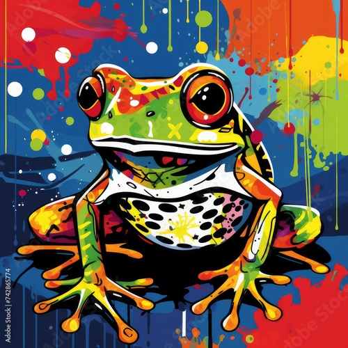 A painting featuring a frog depicted on a vibrant, multicolored background, showcasing the amphibian in a lively setting.