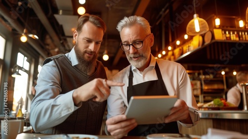 Restaurant owners looking at new menu together on tablet