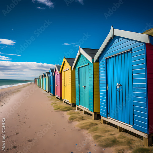 A row of colorful beach huts against a blue sky. © Cao