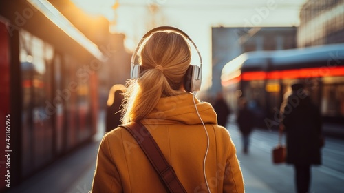 Rear view of a woman putting on a coat listening to music with headphones on her way to work at dawn. photo