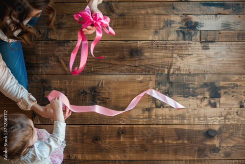 Woman and child holding pink ribbon on wooden background, top view with space for text.