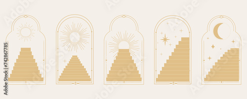 Set arch window line frame astrology celestial, mystic with stairs, spiritual symbols moon and sun, line border, minimal tattoo isolated. Esoteric spiritual icon.