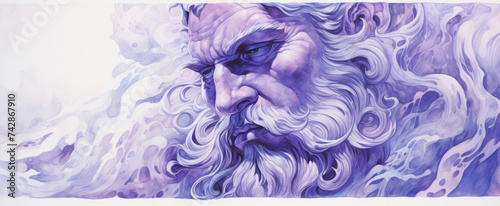 Intense gaze from an elder's face emerging from swirling purple clouds, suggesting a mythic figure in a dreamlike state