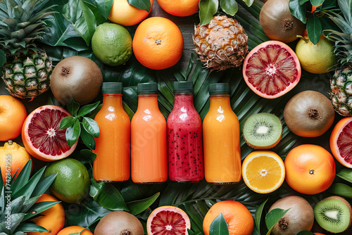 Fresh juices and smoothies in glass bottles surrounded by fruits. photo