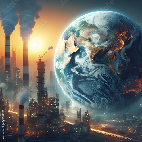 Extremely Hard industry pollution planet earth concept metaphoric globe. Modern civilization and ditrty tecnologies. Devastation of ecosystem photo