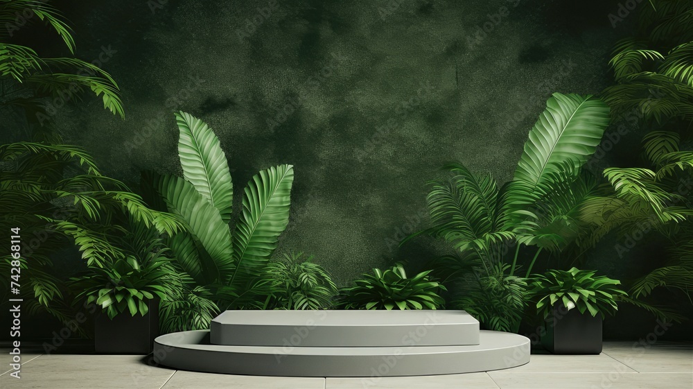 podium among plants and green background. Green textured mockups