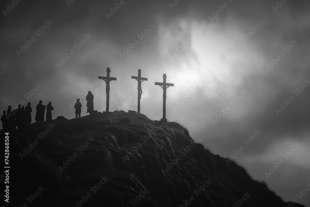 three crosses on top of hill stand against a darkening sky. - obrazy, fototapety, plakaty 